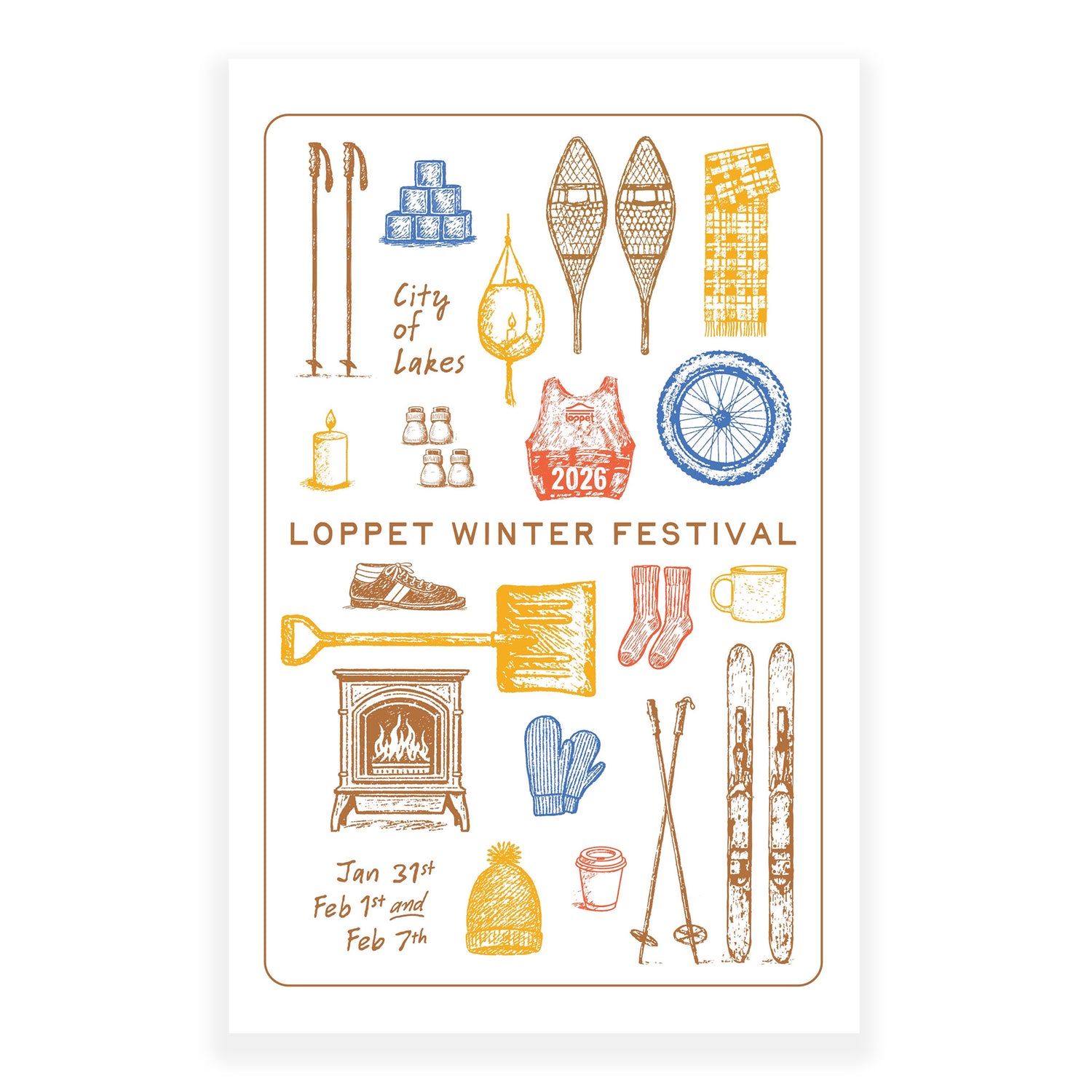 Illustrations of winter festival items with text on a white background