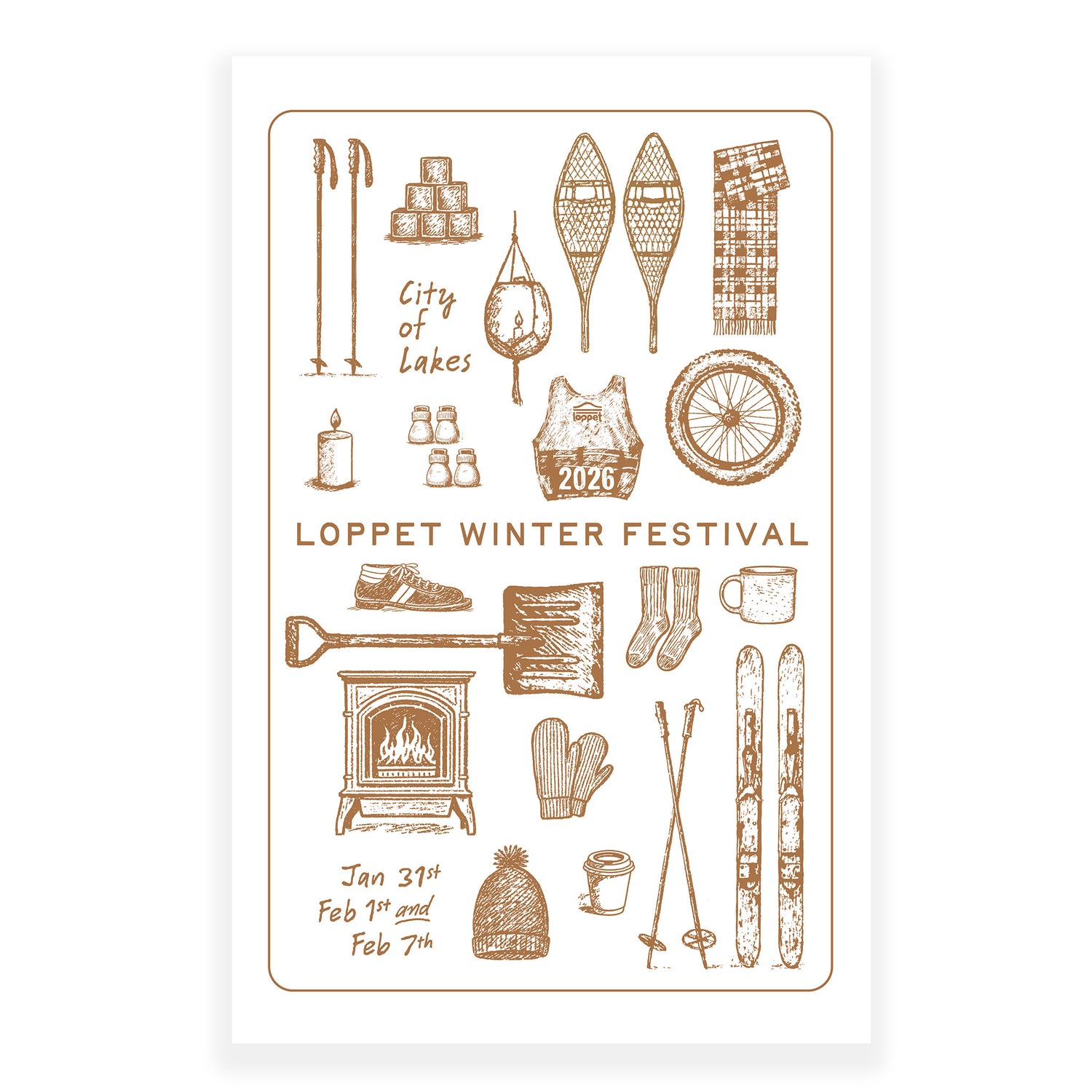 Illustrations of winter festival items on a white background with 'Loppet Winter Festival' text.