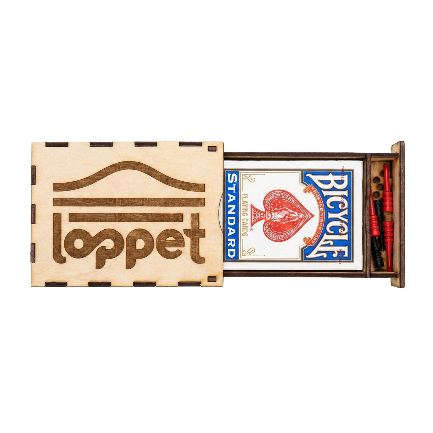 Wooden cribbage board with 'loppet' branding and a deck of Bicycle cards inside.