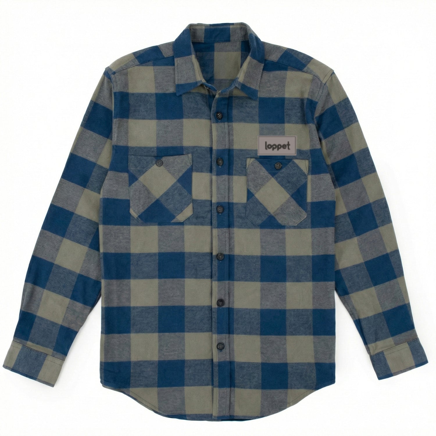 Blue and gray checkered shirt with a brand label on a white background