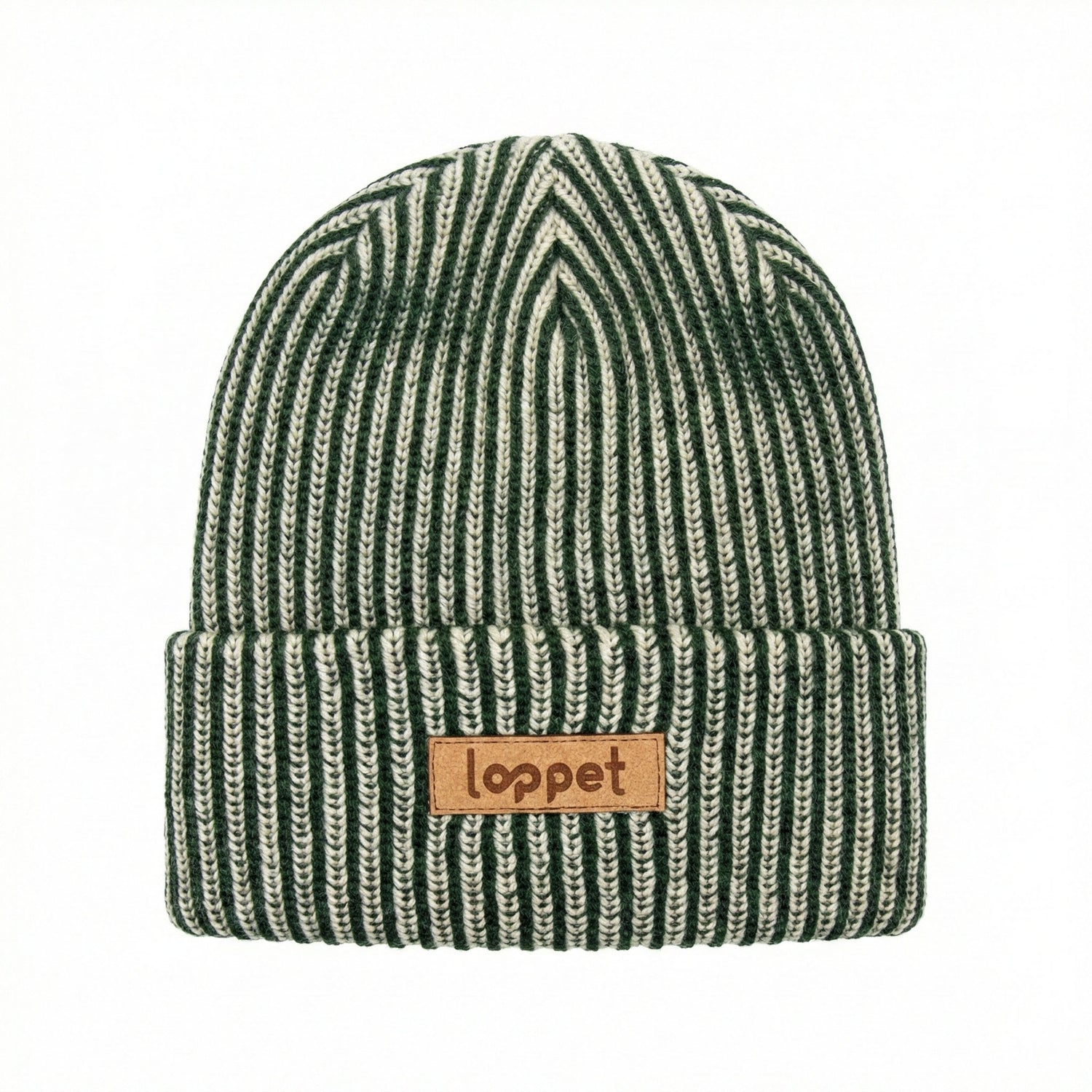 green stripe knit beanie with leather loppet logo patch