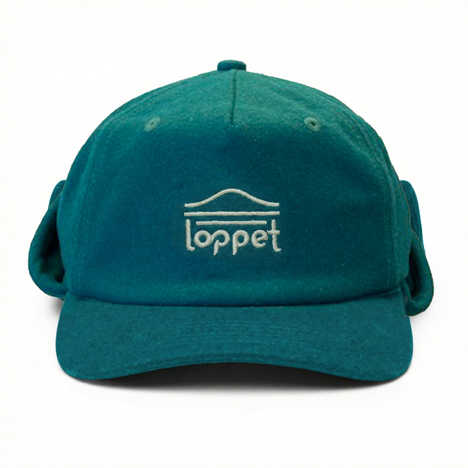 Green felt hat with embroidered loppet logo and ear flaps