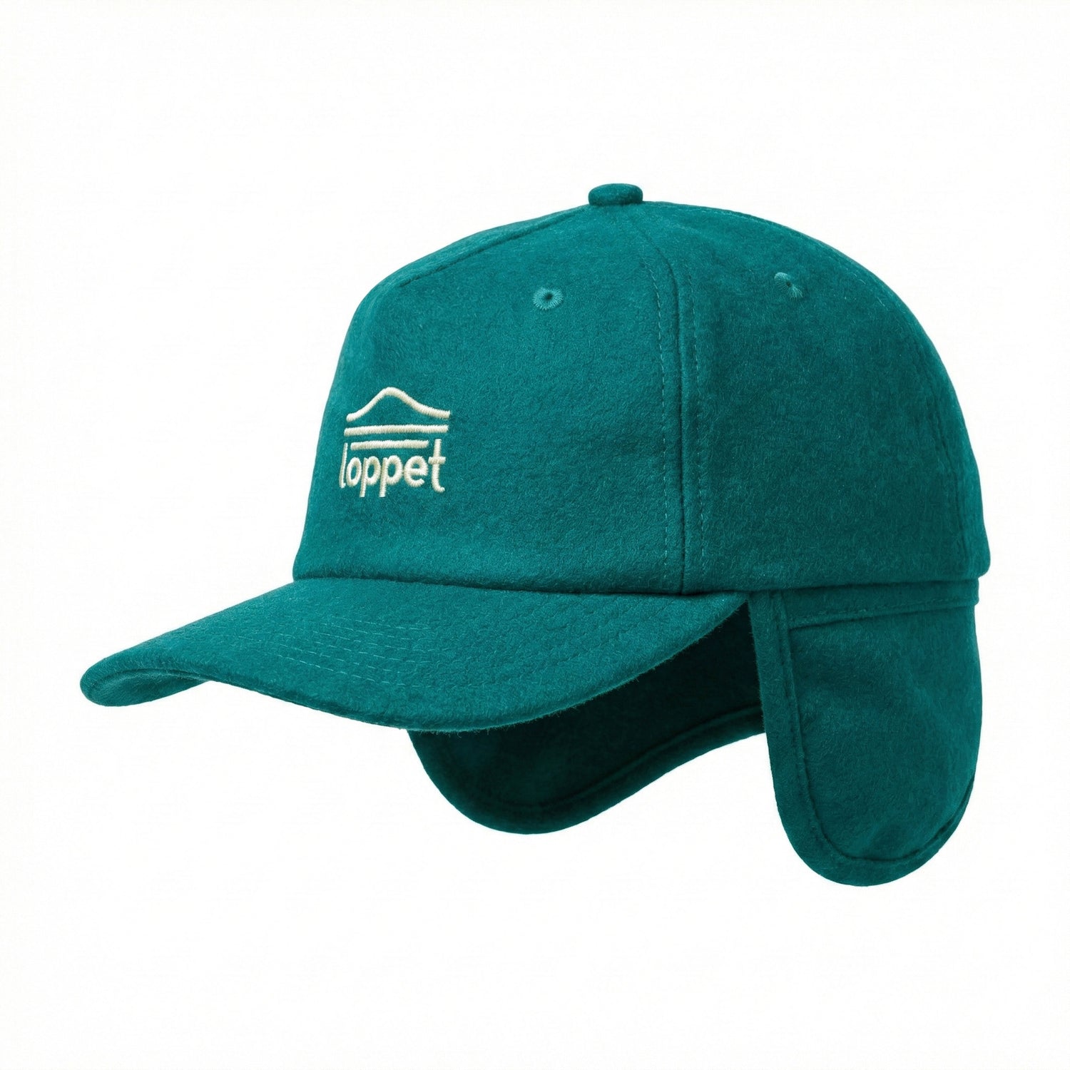 Green felt hat with embroidered loppet logo and ear flaps