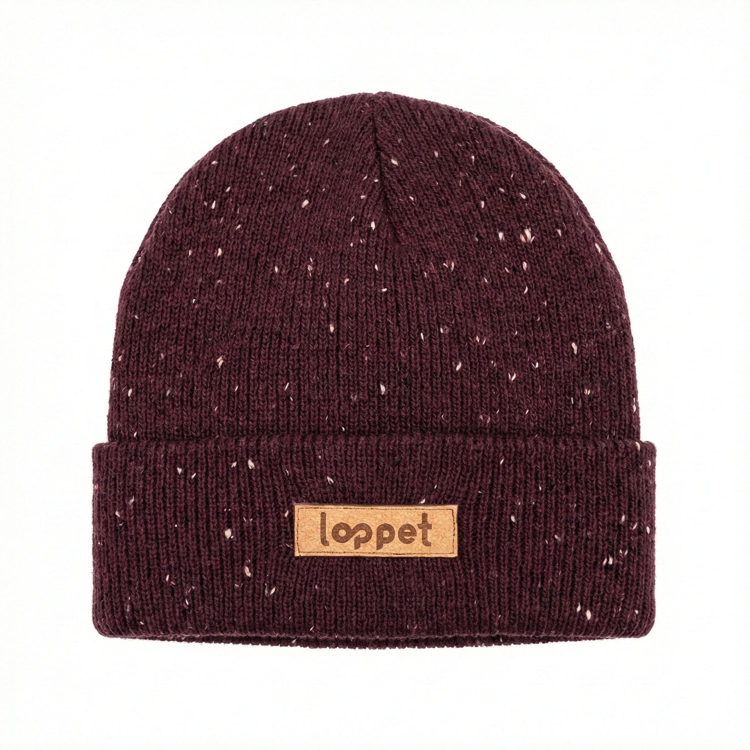 maroon and white speckled knit beanie with leather loppet patch