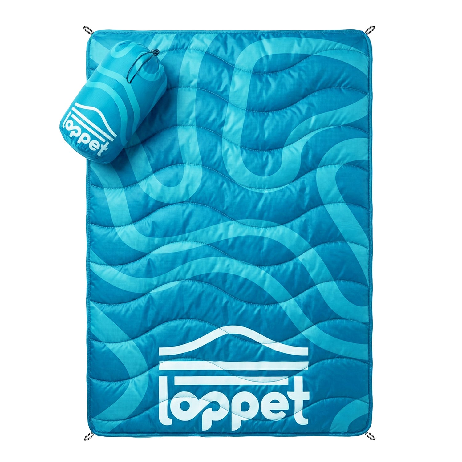 Blue blanket with wavy pattern and 'loppet' branding on a white background