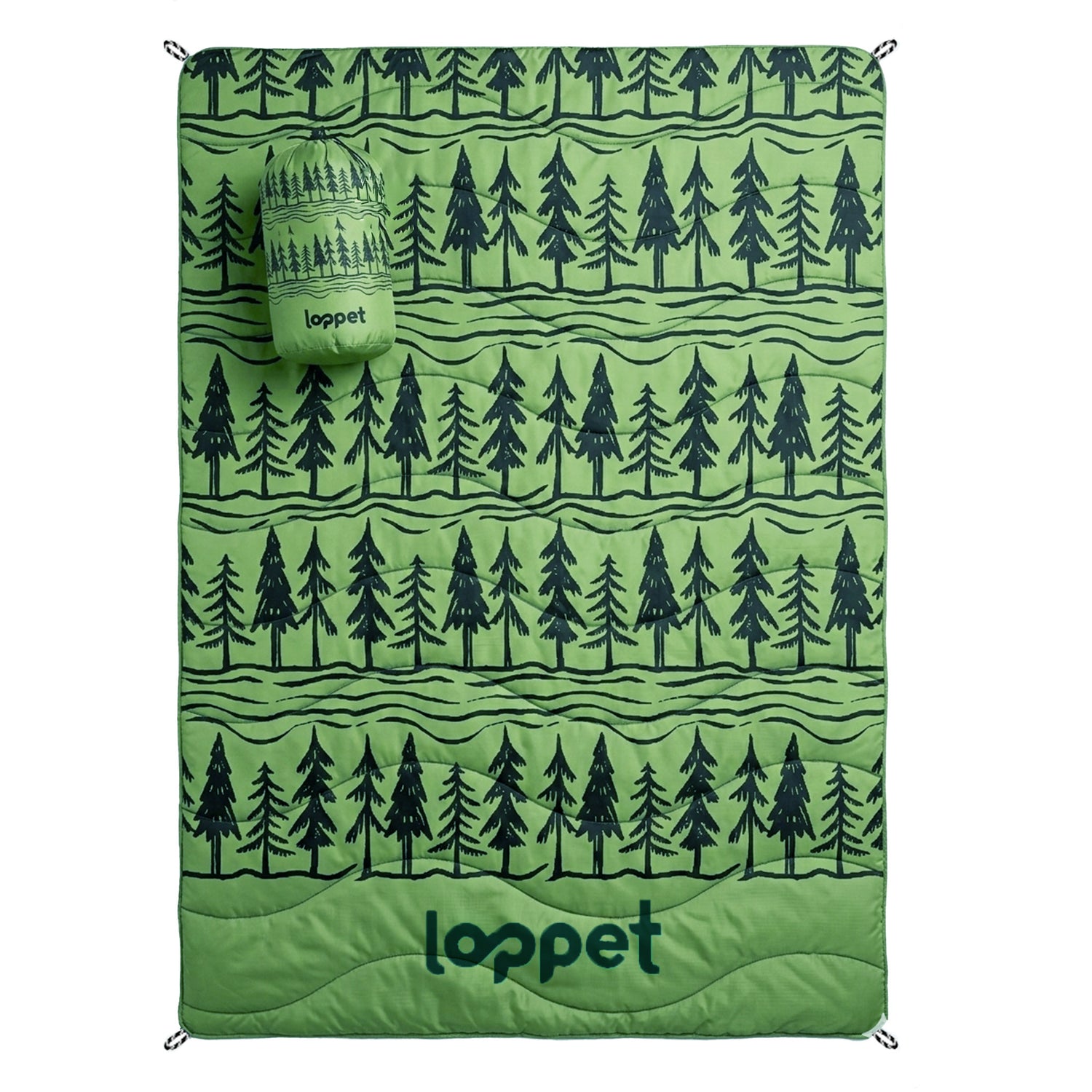Green blanket with tree pattern and 'loppet' branding on a white background
