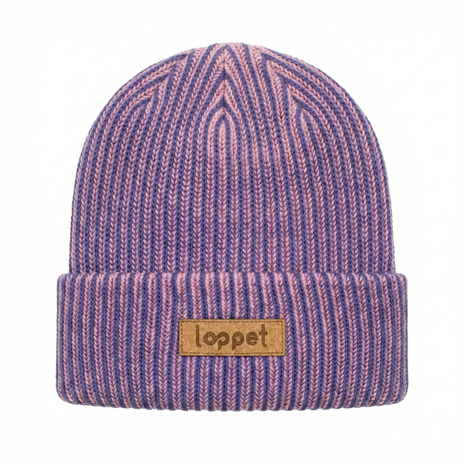 purple and pink knit stripe beanie with leather loppet patch