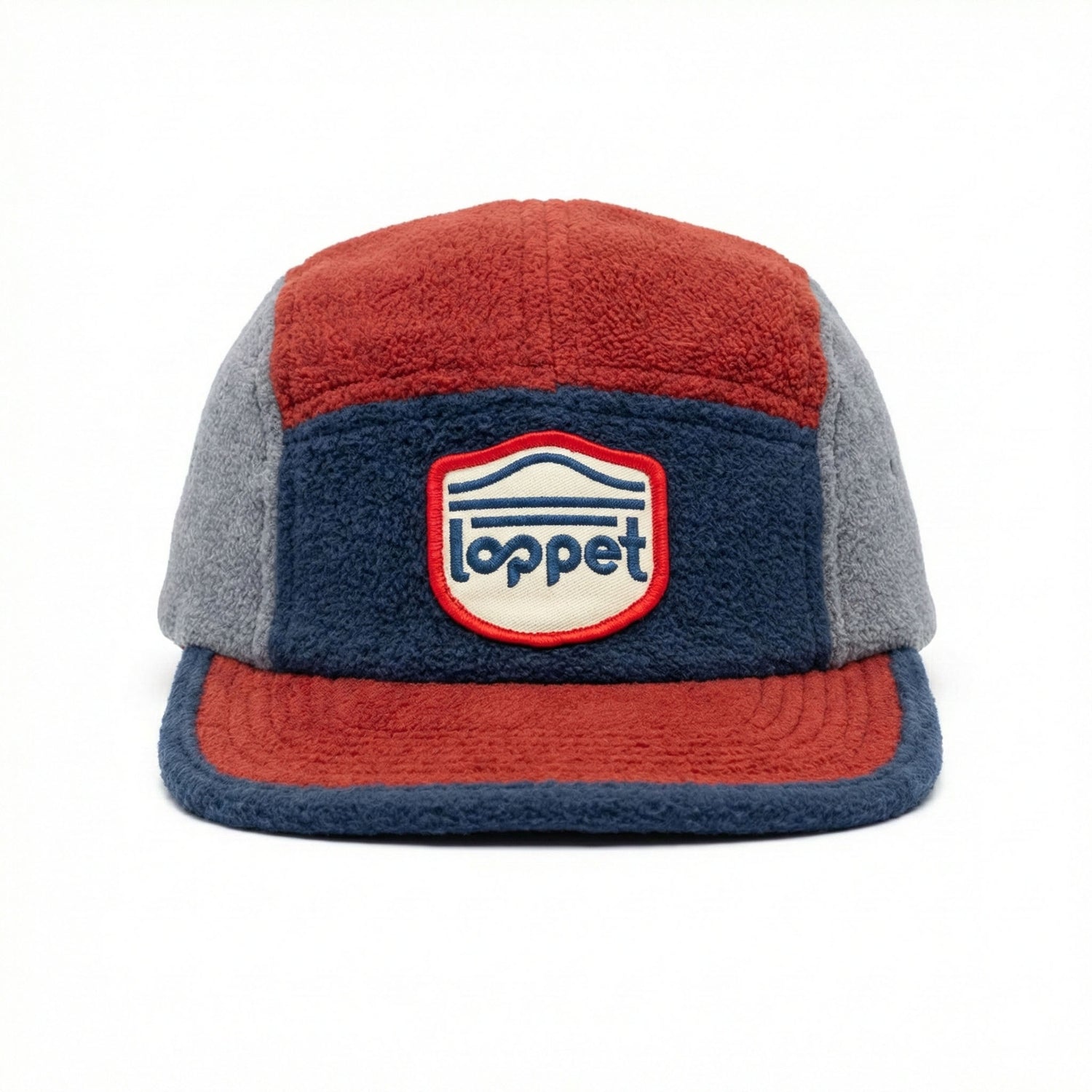 Blue, red and gray fleece loppet hat
