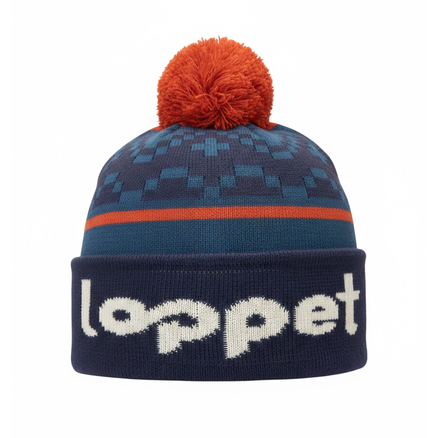 Knitted beanie with orange pom-pom and 'Loppet' branding on a white background
