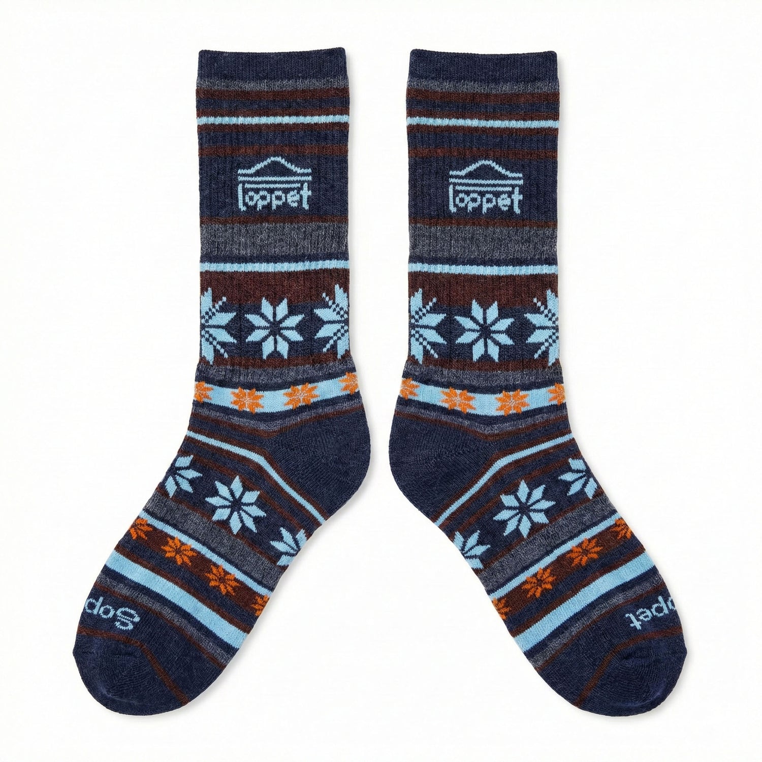 Pair of patterned socks with 'loppet' branding on a white background