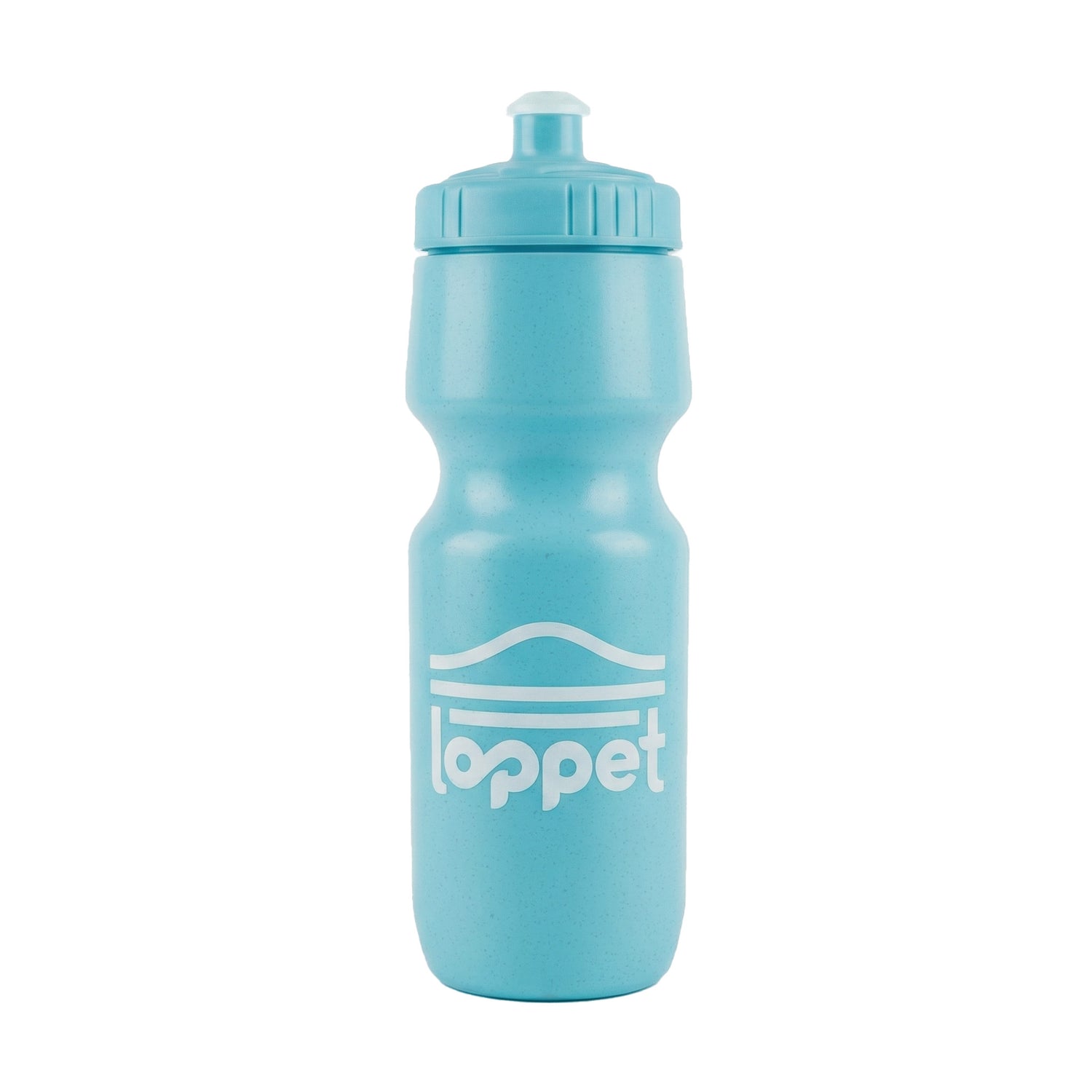 Blue water bottle with 'loppet' logo on a white background